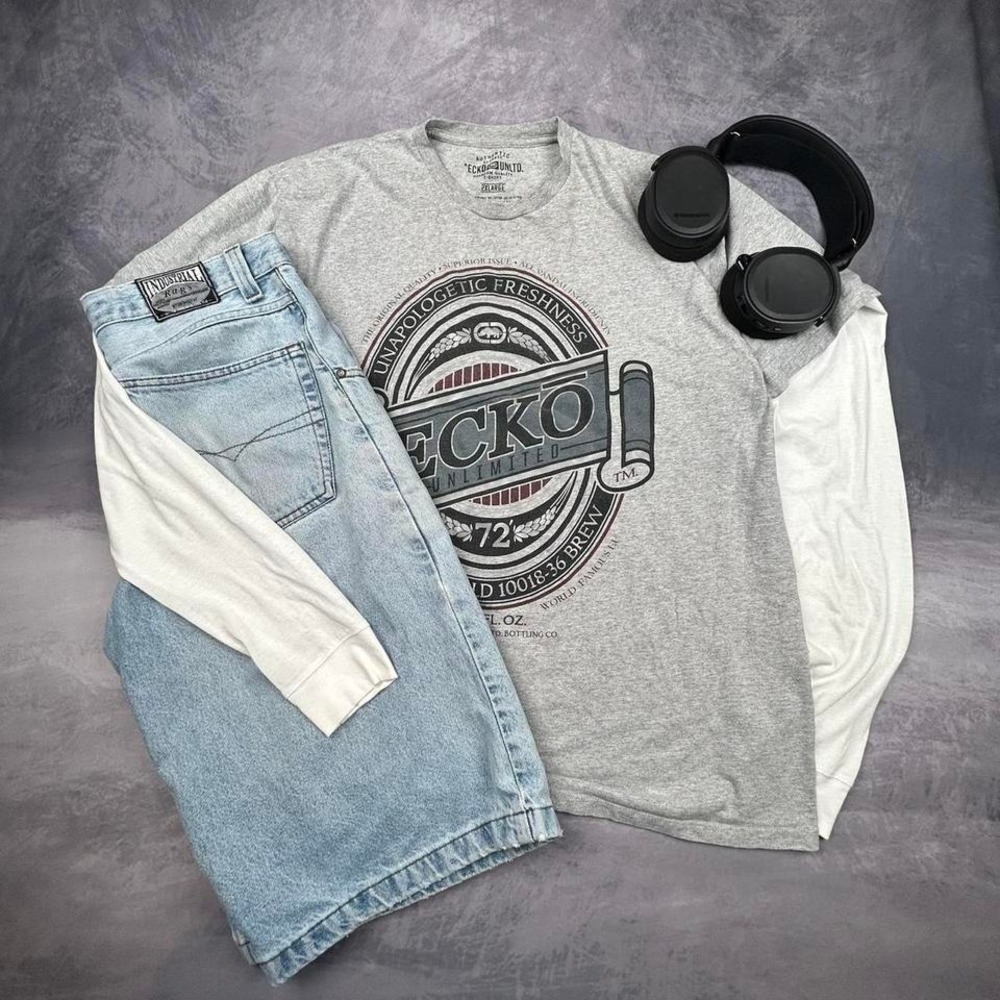 Vintage Y2K Ecko Unltd Grey Beer Label Graphic Tee‎ Shirt Mens XXL Streetwear
